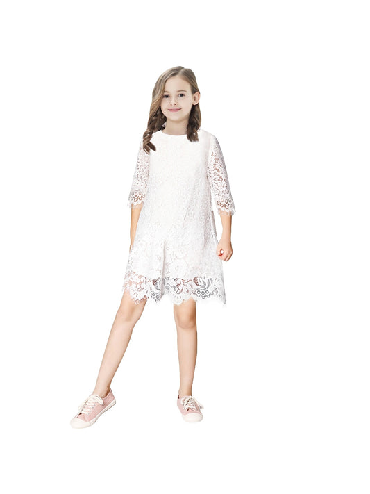 Girls Dress Lace Wave Hem Off White Elegant Party White