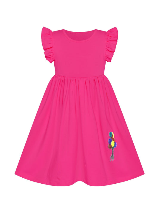 Girls Dress Deep Pink Casual Cotton Flying Sleeve Balloon Pink