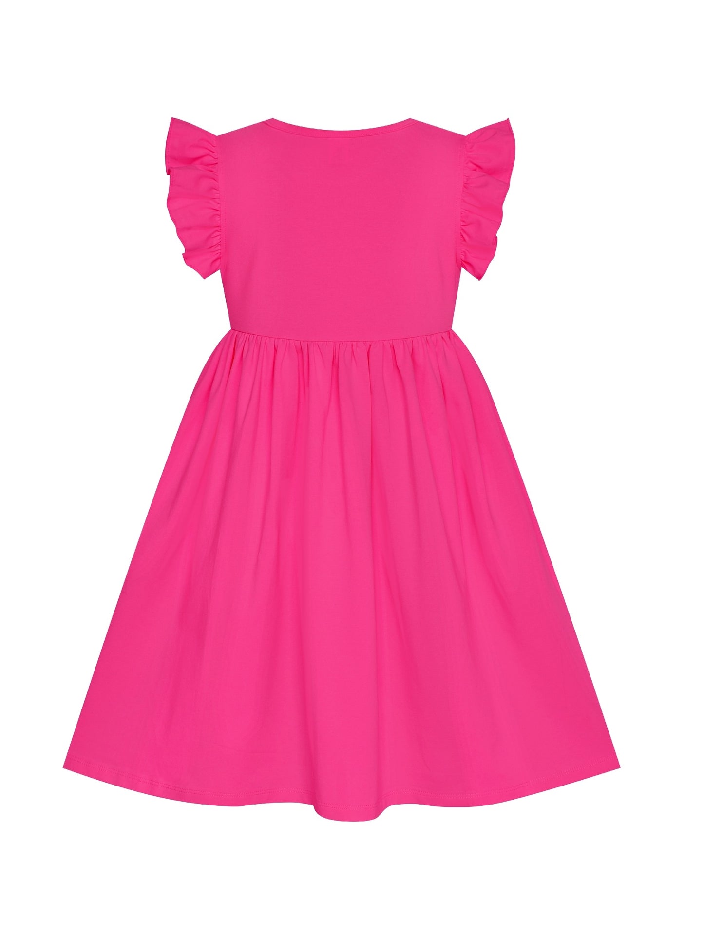 Girls Dress Deep Pink Casual Cotton Flying Sleeve Balloon Pink