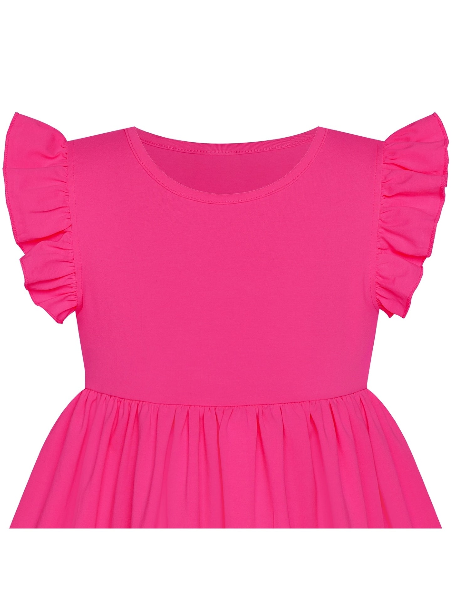 Girls Dress Deep Pink Casual Cotton Flying Sleeve Balloon Pink
