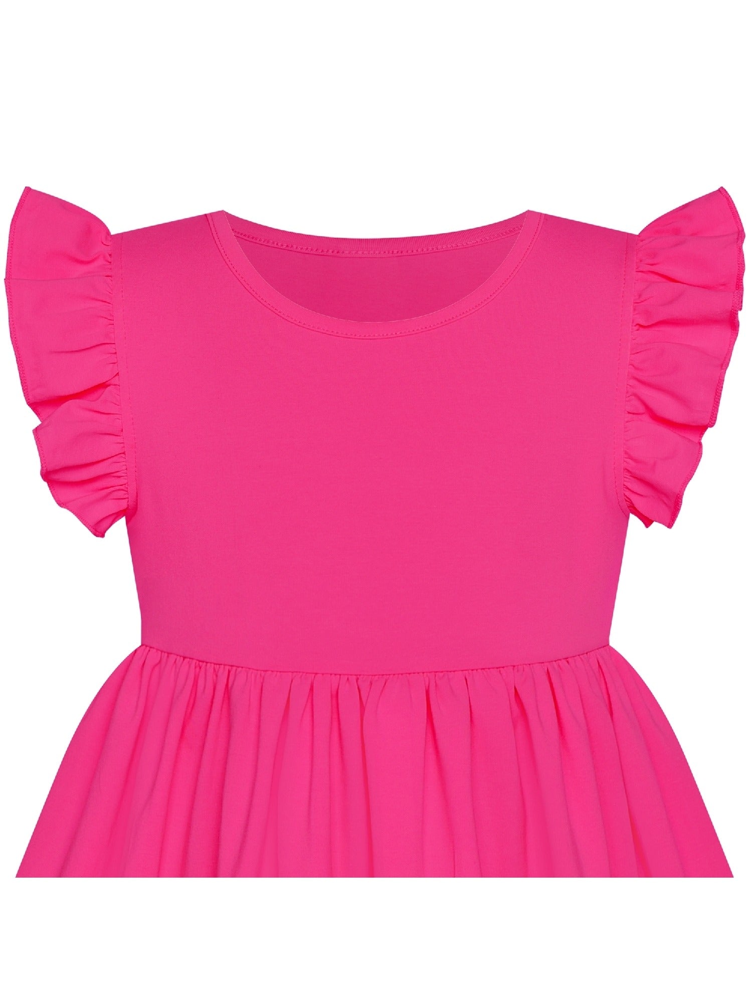 Girls Dress Deep Pink Casual Cotton Flying Sleeve Balloon Pink