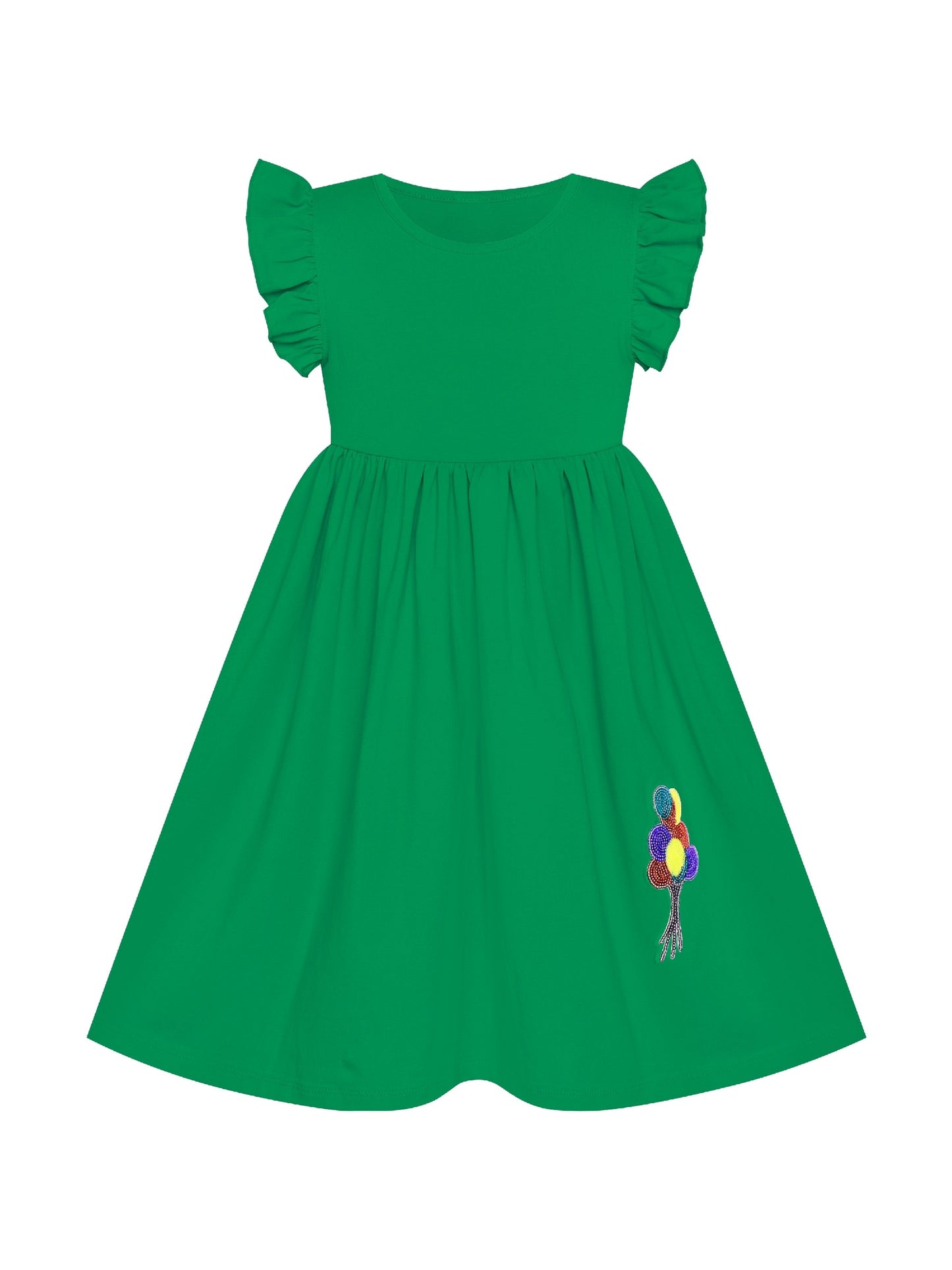 Girls Dress Deep Pink Casual Cotton Flying Sleeve Balloon Green