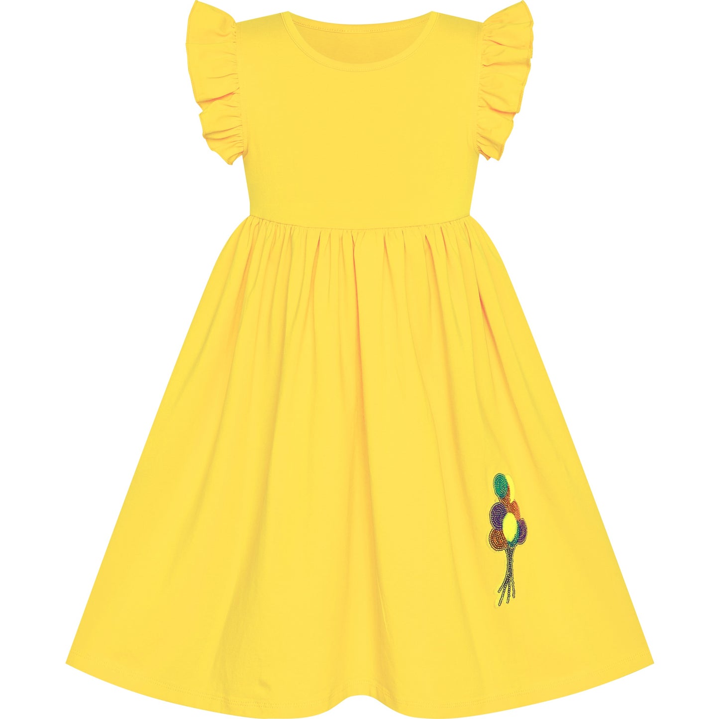 Girls Dress Deep Pink Casual Cotton Flying Sleeve Balloon Yellow