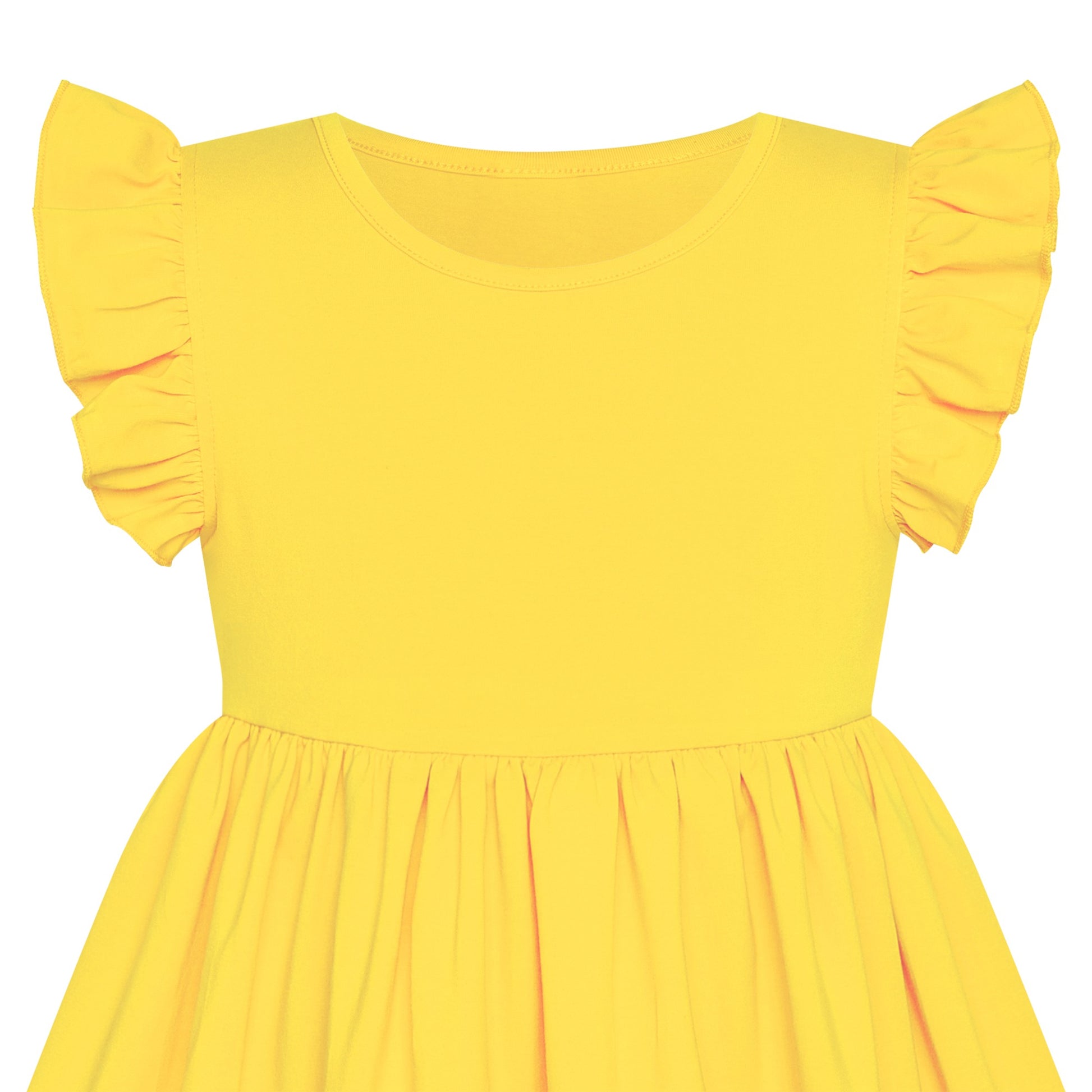Girls Dress Deep Pink Casual Cotton Flying Sleeve Balloon Yellow