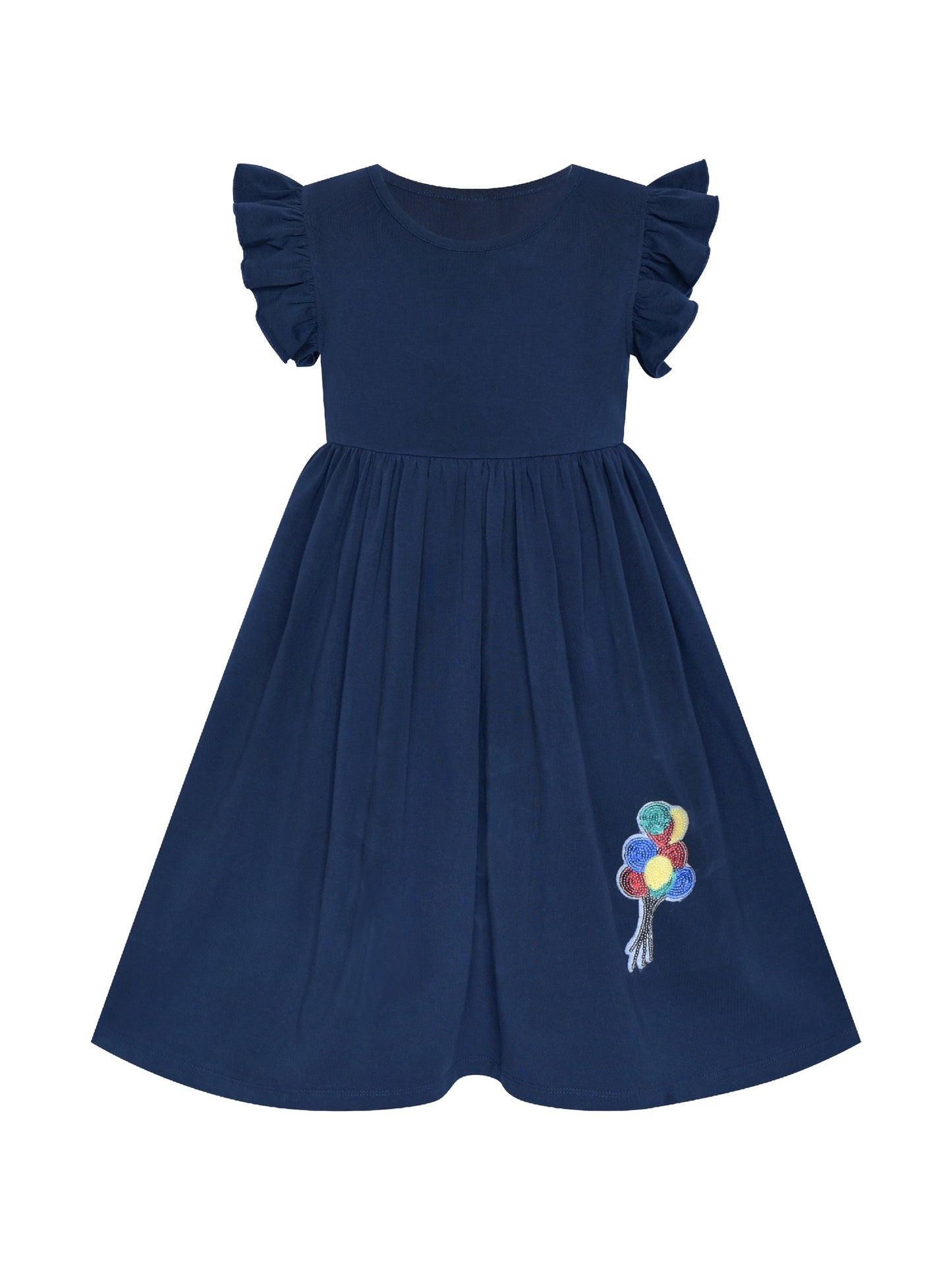 Girls Dress Deep Pink Casual Cotton Flying Sleeve Balloon Blue