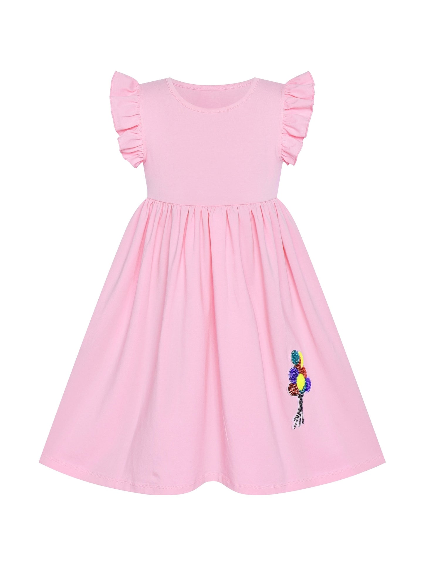 Girls Dress Deep Pink Casual Cotton Flying Sleeve Balloon Pink