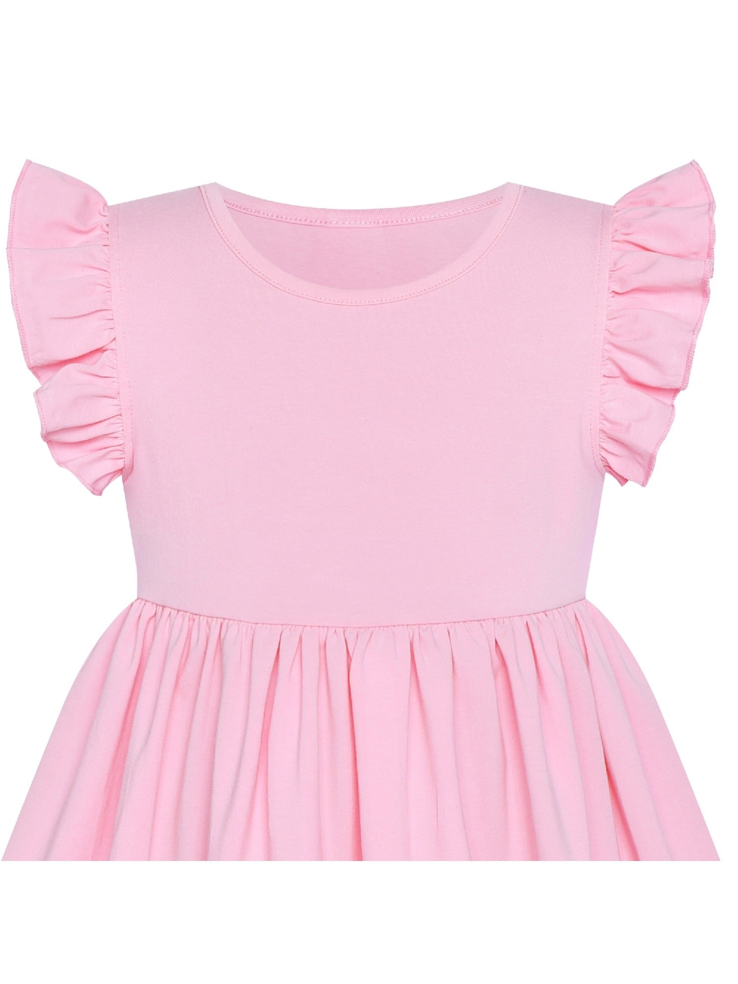 Girls Dress Deep Pink Casual Cotton Flying Sleeve Balloon Pink