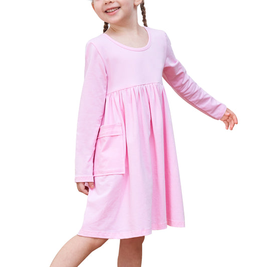 Girls Dress Yellow Casual Cotton Long Sleeve Dress Pink