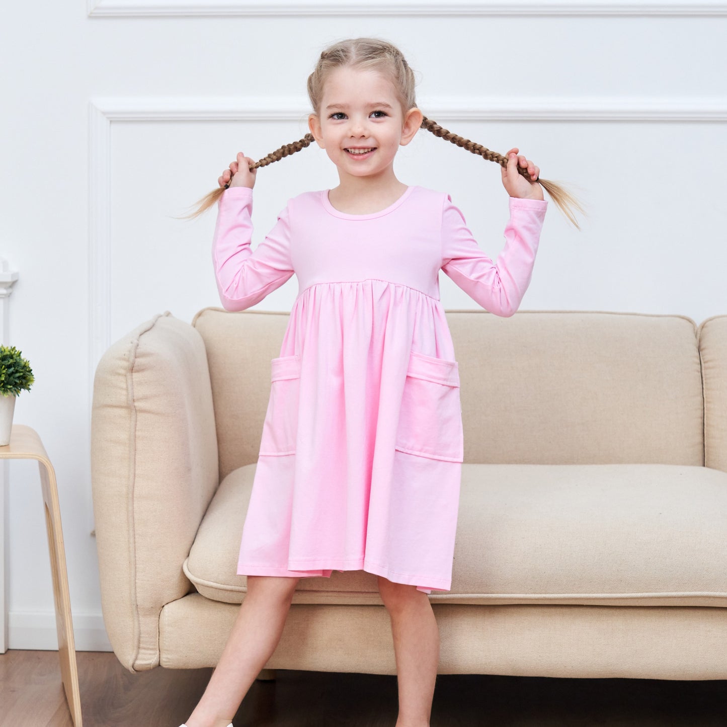 Girls Dress Yellow Casual Cotton Long Sleeve Dress Pink