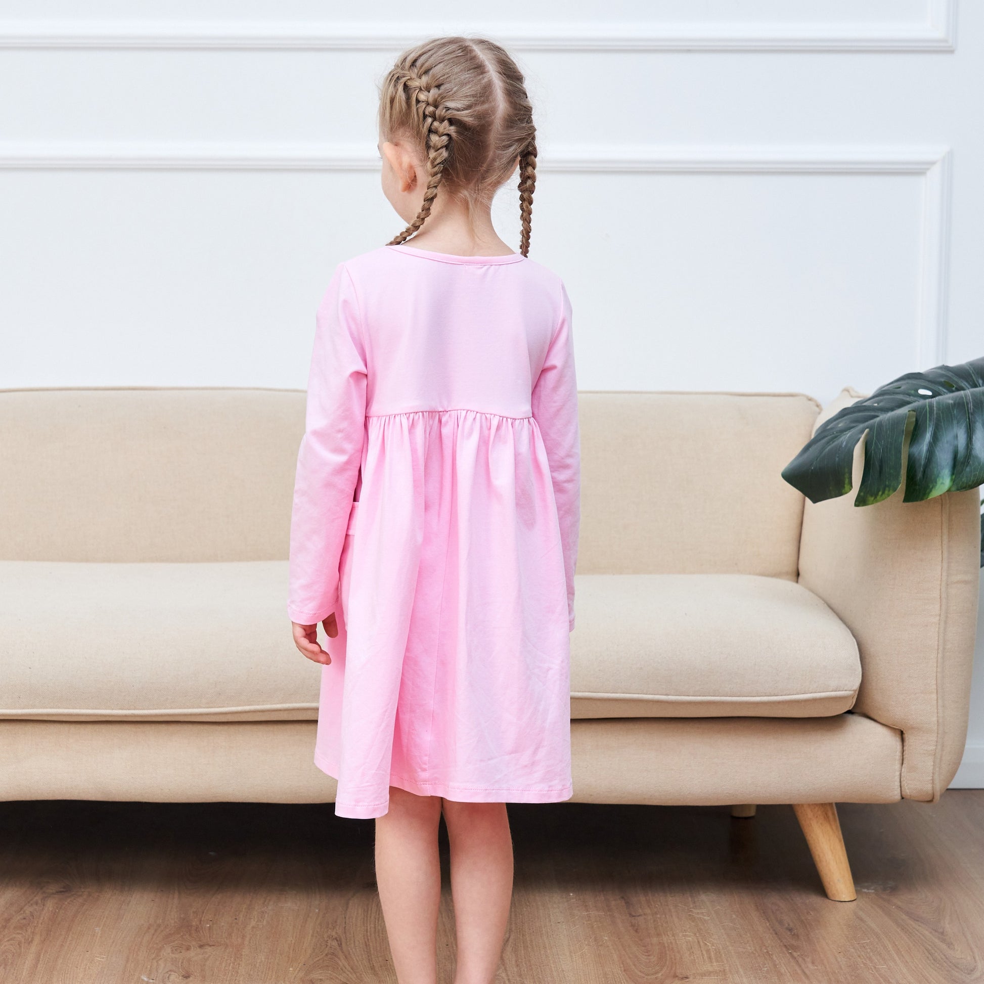 Girls Dress Yellow Casual Cotton Long Sleeve Dress Pink
