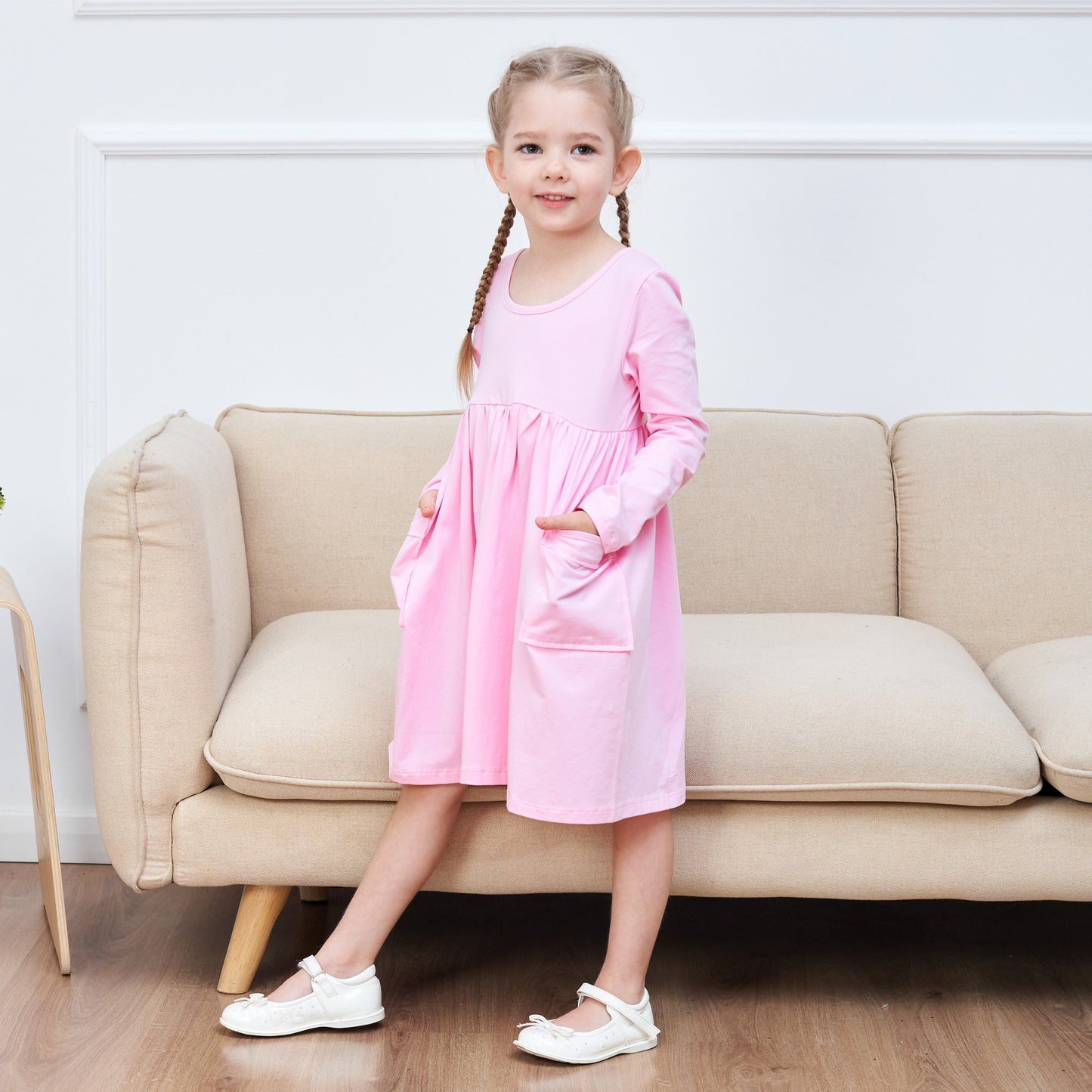 Girls Dress Yellow Casual Cotton Long Sleeve Dress Pink