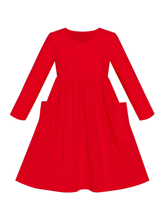 Girls Dress Yellow Casual Cotton Long Sleeve Dress Red