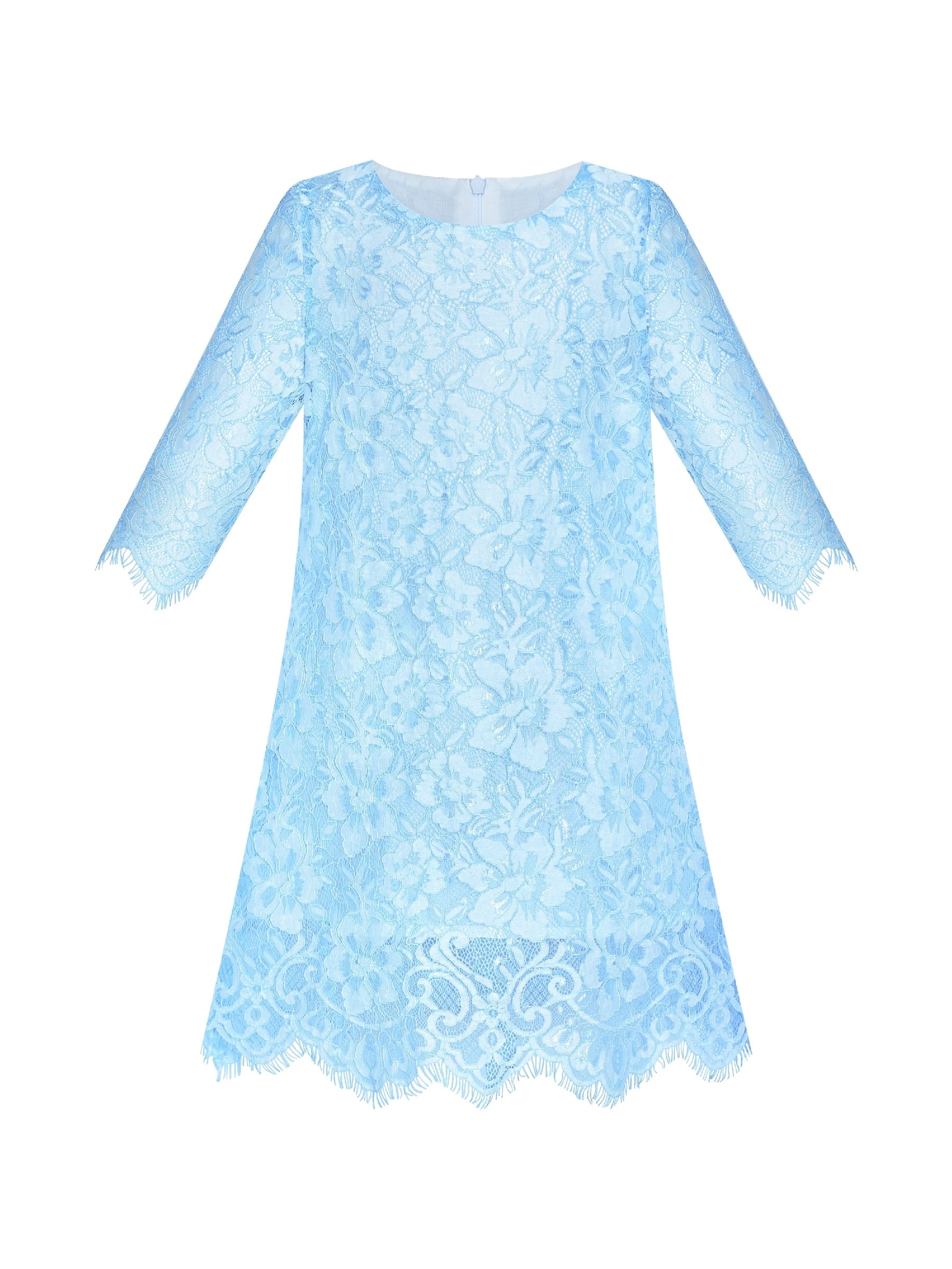 Girls Dress Lace Wave Hem Off White Elegant Party Blue