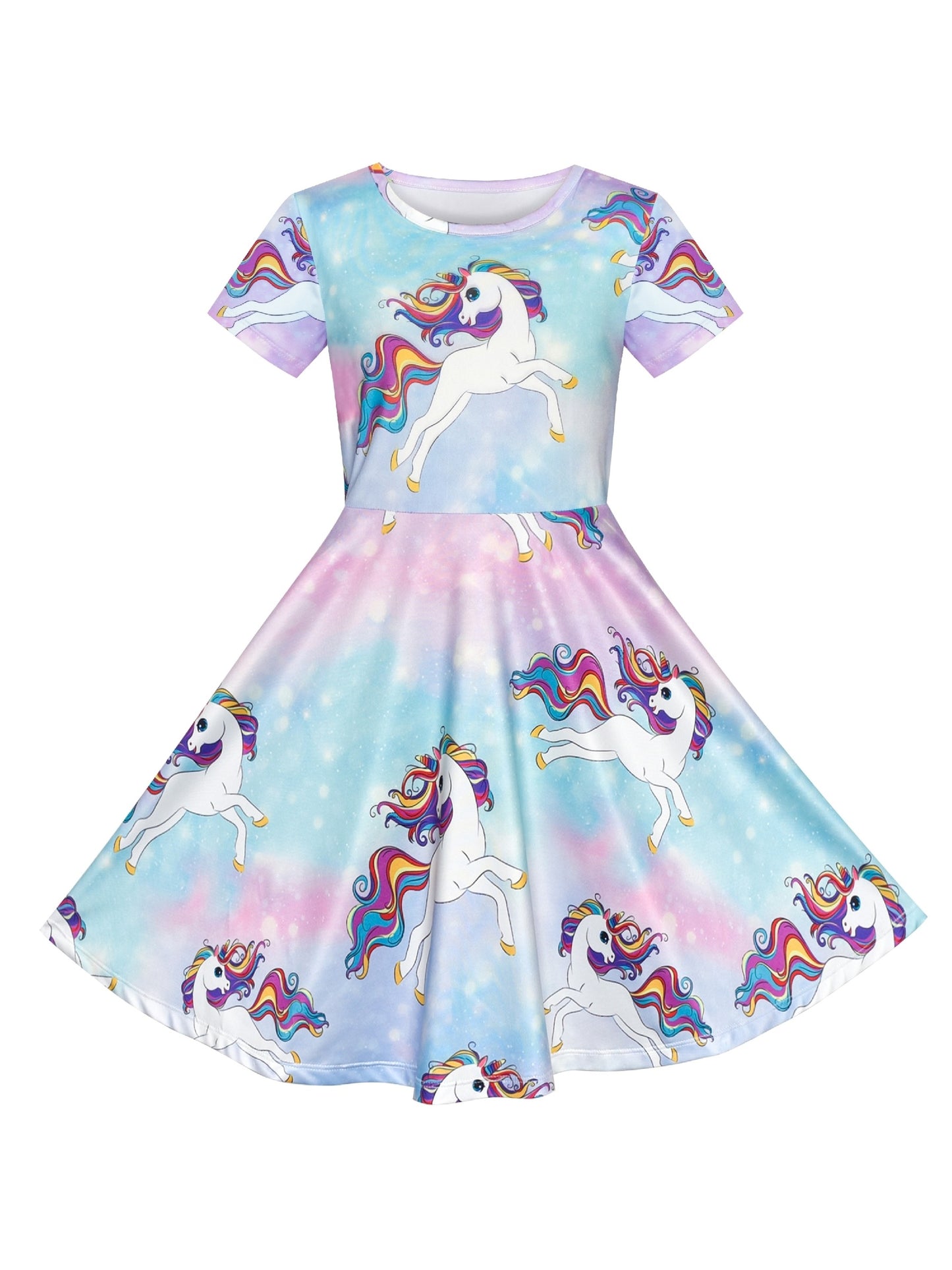 Girls Dress Blue Unicorn Short Sleeve Casual Dress Purple
