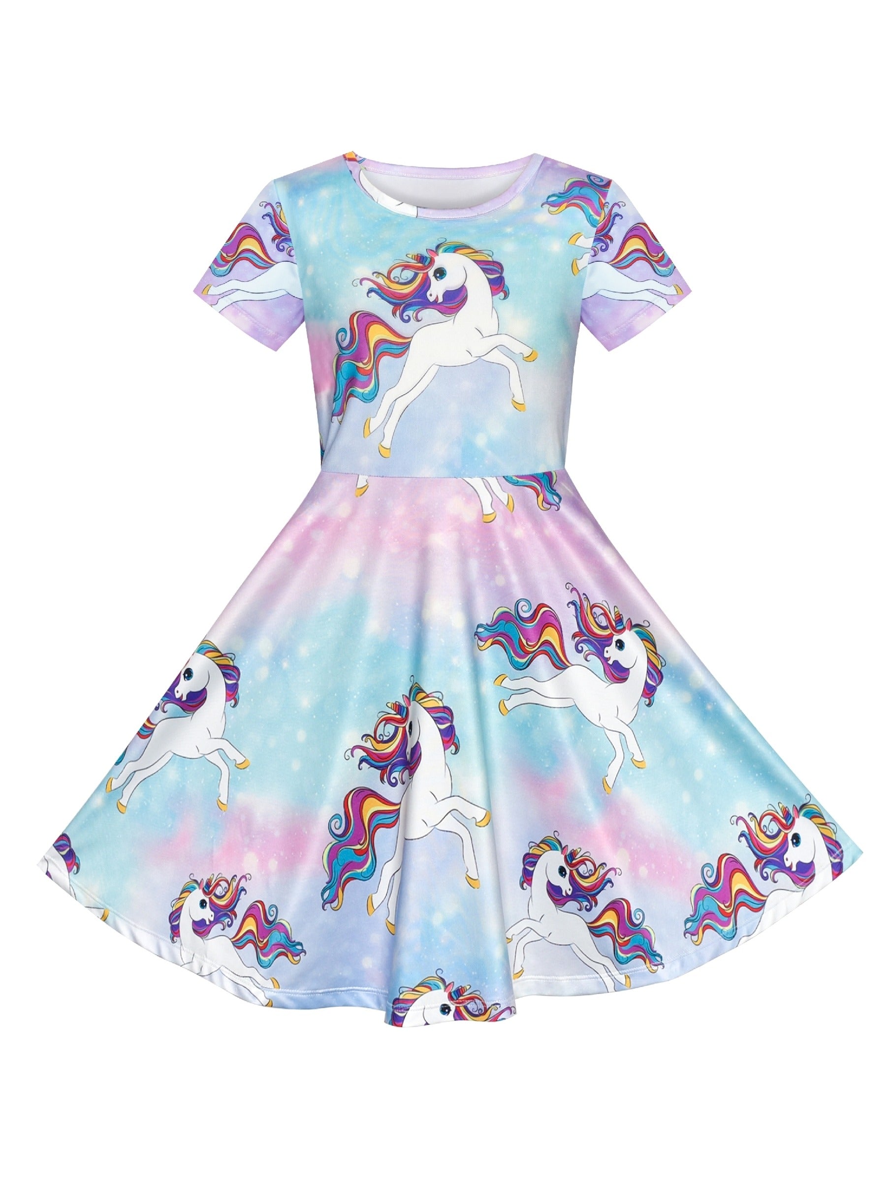 Girls Dress Blue Unicorn Short Sleeve Casual Dress Purple
