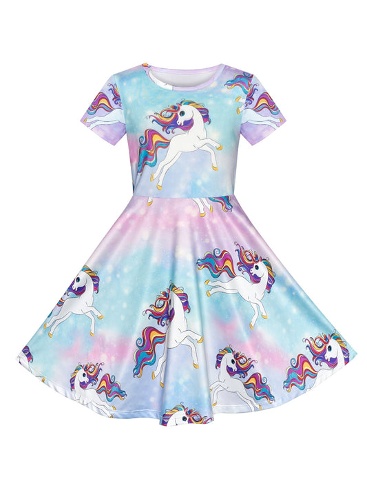 Girls Dress Blue Unicorn Short Sleeve Casual Dress Purple
