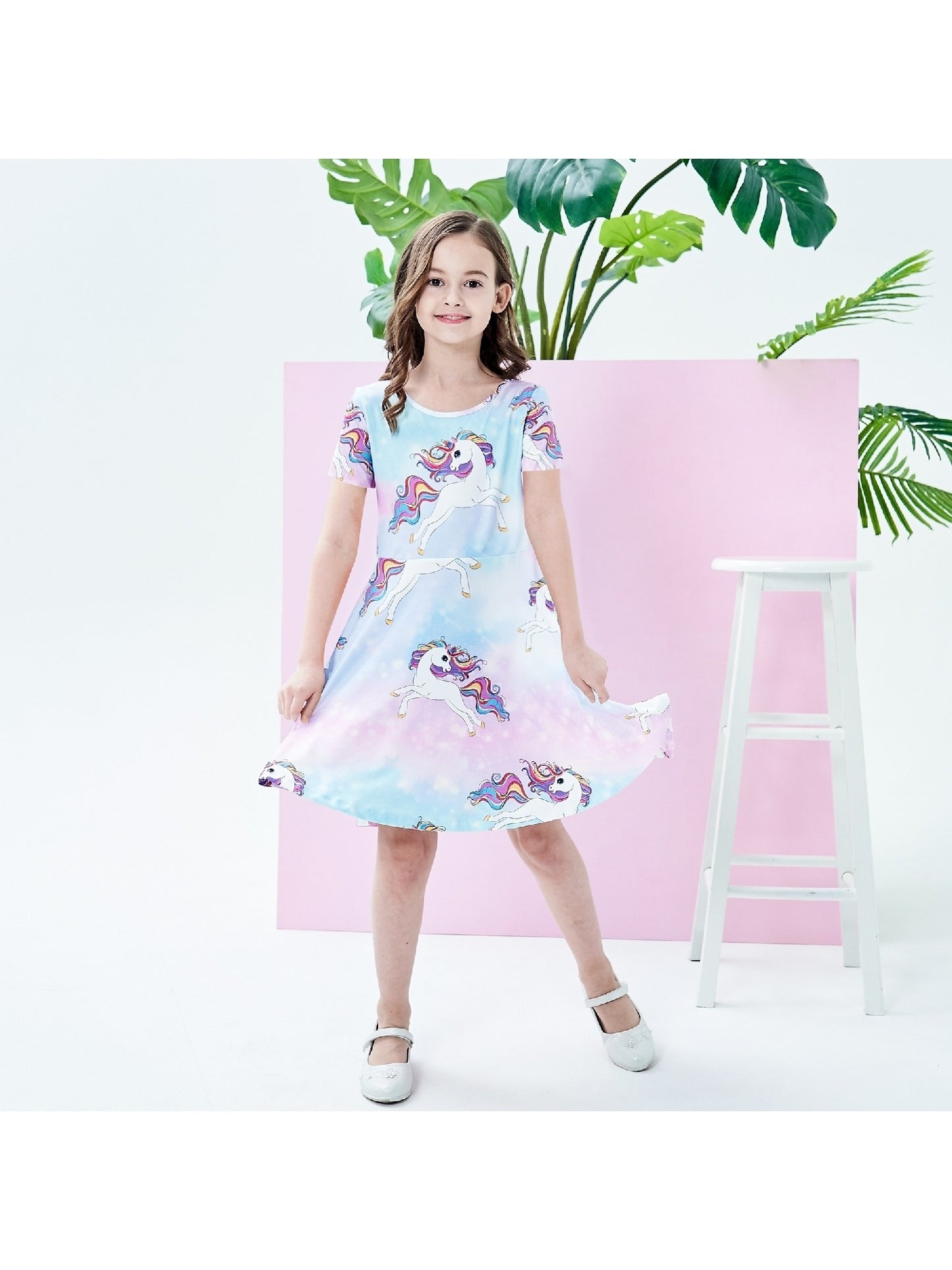 Girls Dress Blue Unicorn Short Sleeve Casual Dress Purple