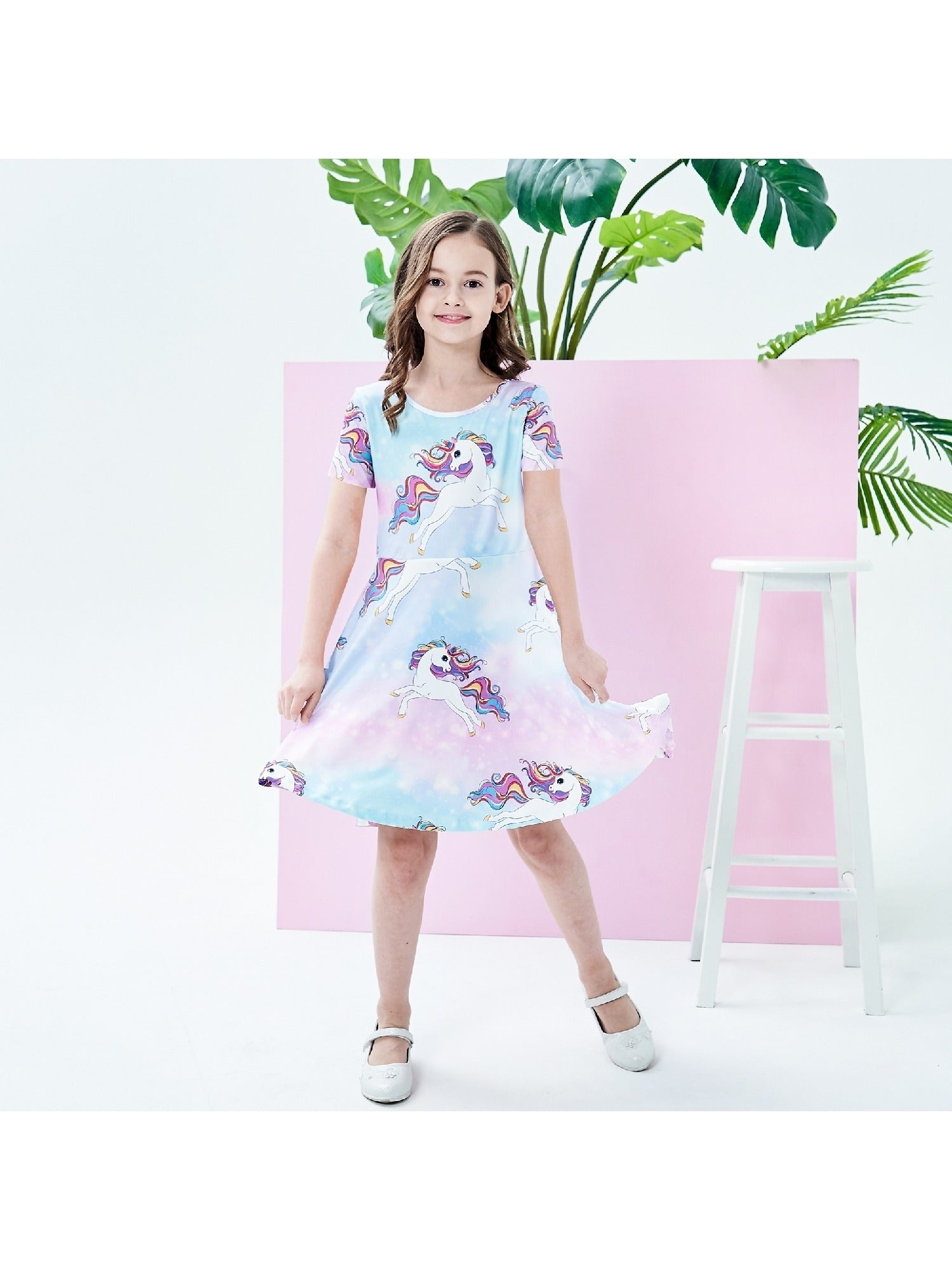 Girls Dress Blue Unicorn Short Sleeve Casual Dress Purple