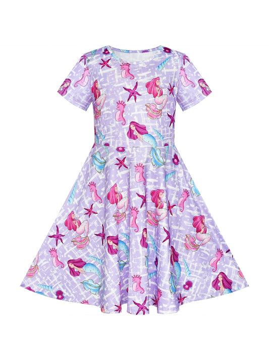 Girls Dress Blue Unicorn Short Sleeve Casual Dress Purple