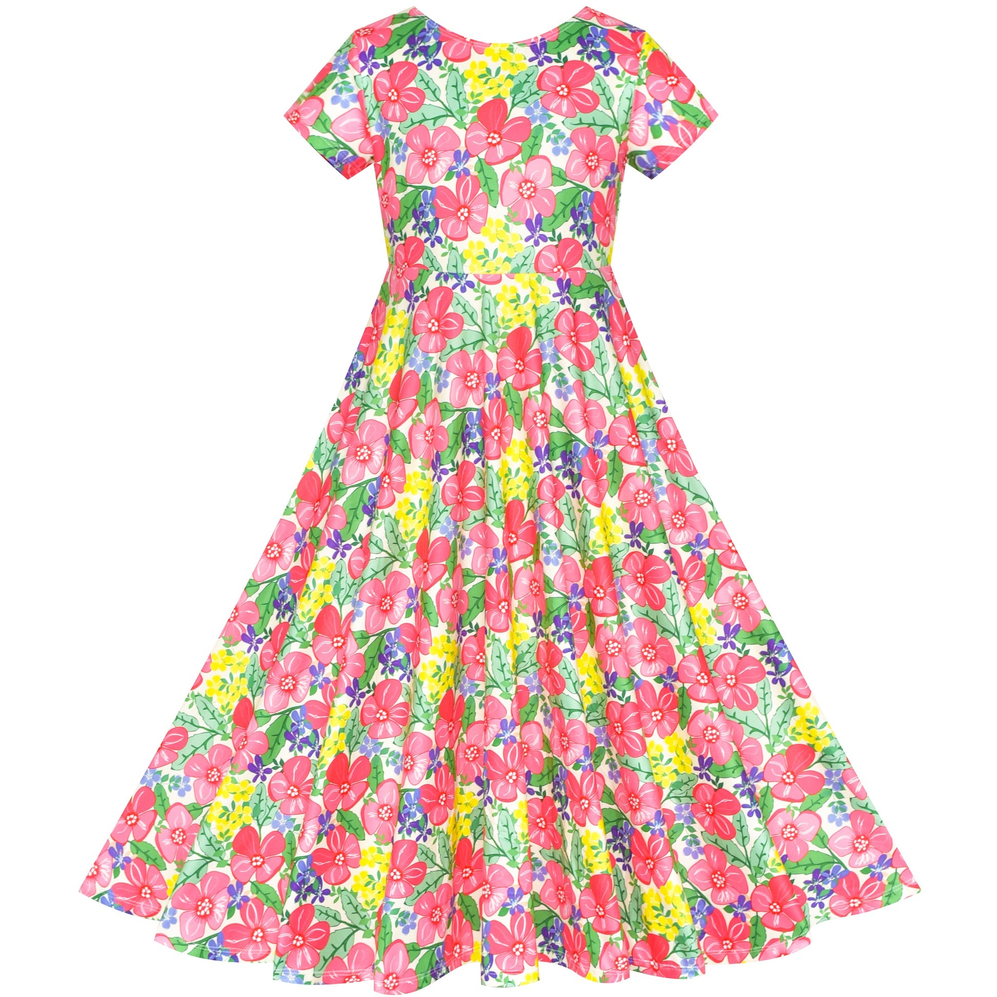 Girls Dress Floral Casual Maxi Dress Short Sleeve Open Back Yellow
