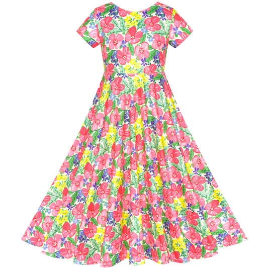 Girls Dress Floral Casual Maxi Dress Short Sleeve Open Back Yellow