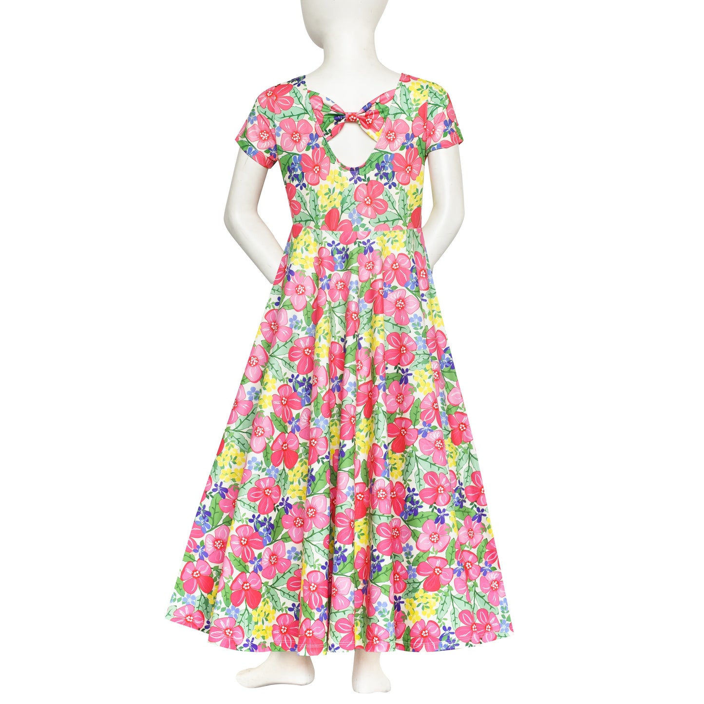 Girls Dress Floral Casual Maxi Dress Short Sleeve Open Back Yellow
