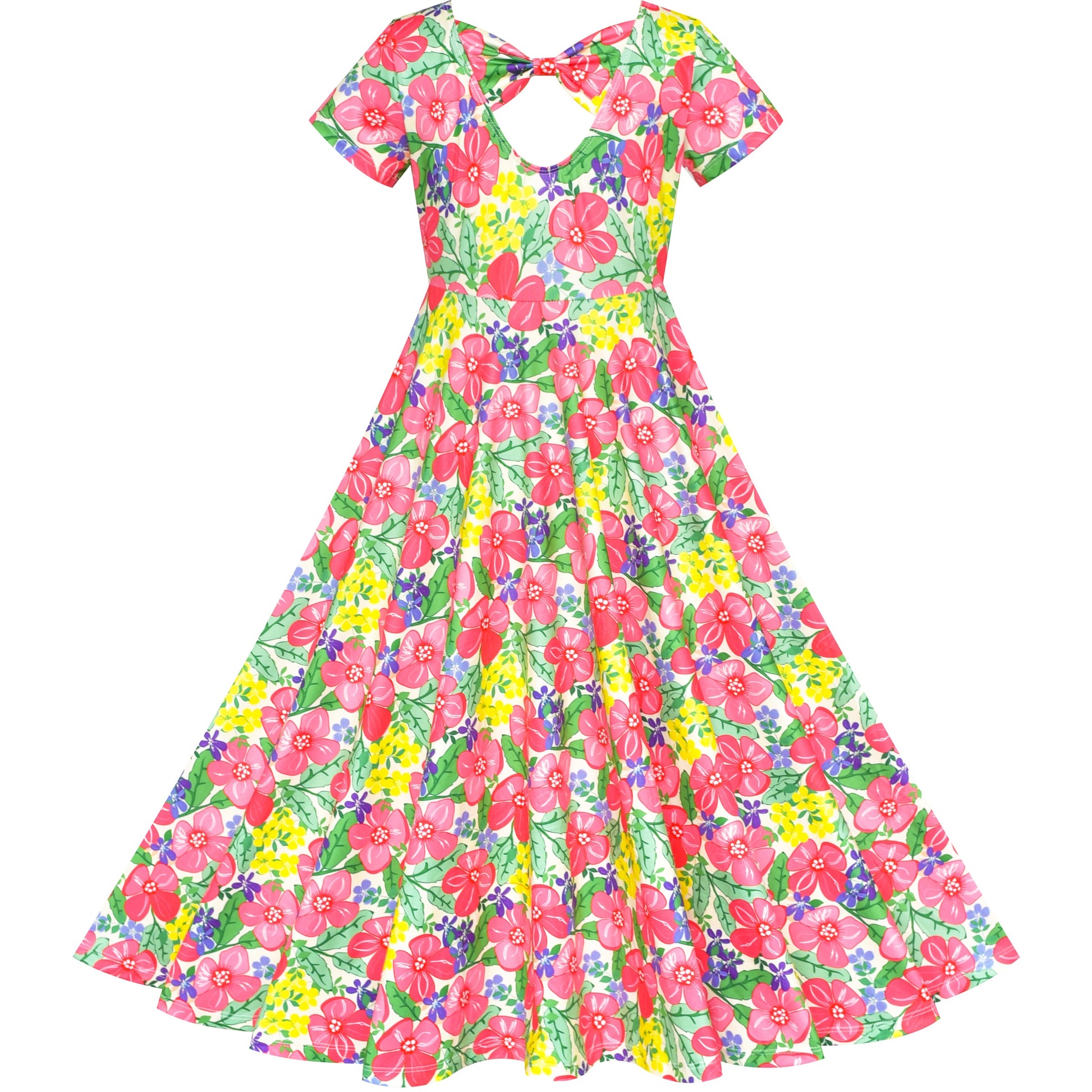 Girls Dress Floral Casual Maxi Dress Short Sleeve Open Back Yellow