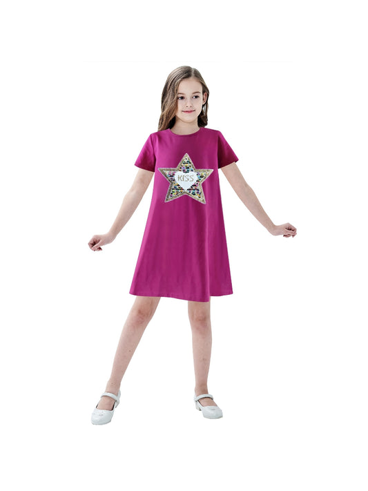 Girls Dress Cotton Casual Star Embroidered Violet Yellow Purple
