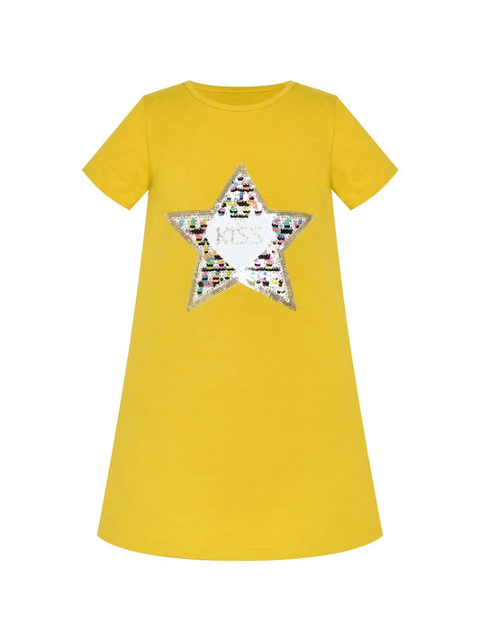 Girls Dress Cotton Casual Star Embroidered Violet Yellow Yellow
