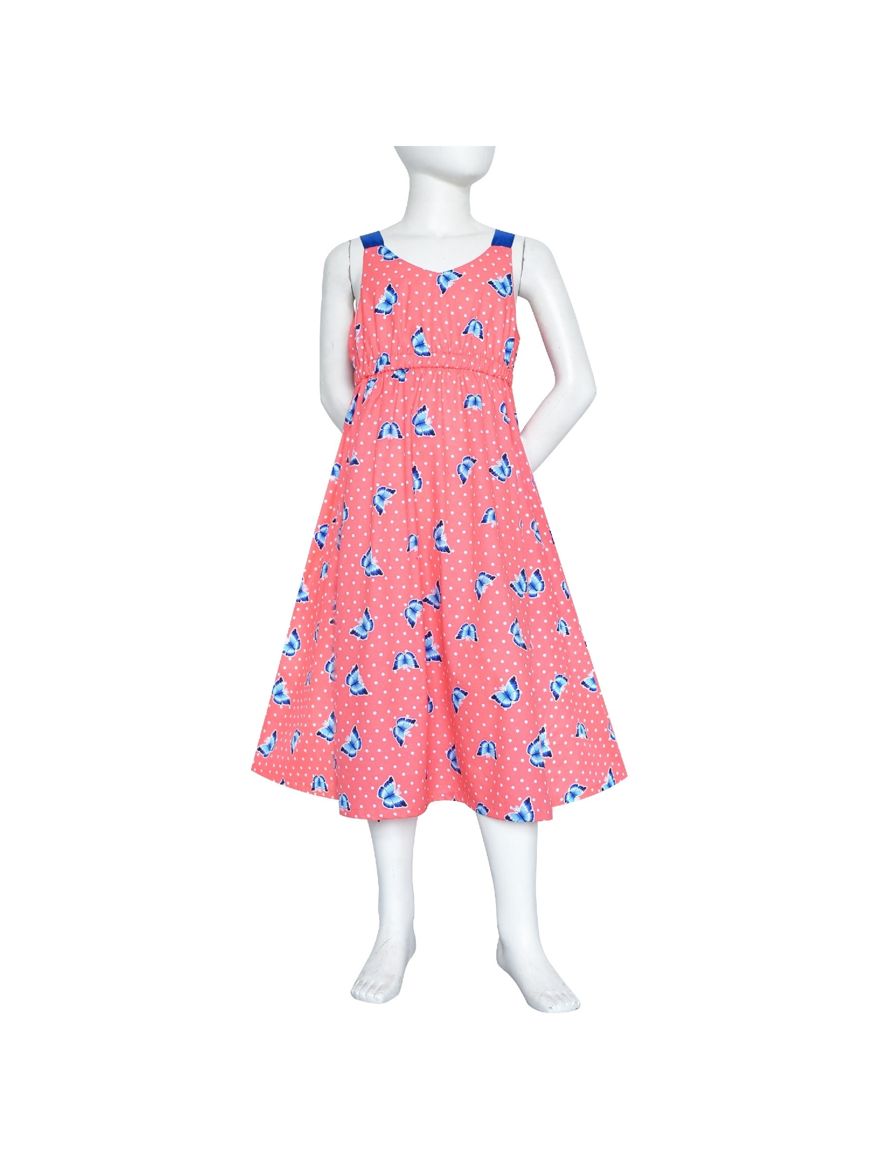 Girls Dress Tie Back Blue Butterfly Casual Dress Party Pink
