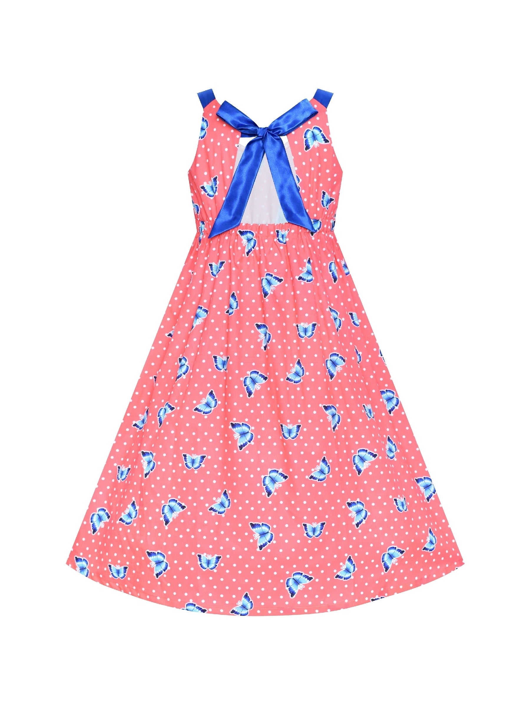 Girls Dress Tie Back Blue Butterfly Casual Dress Party Pink
