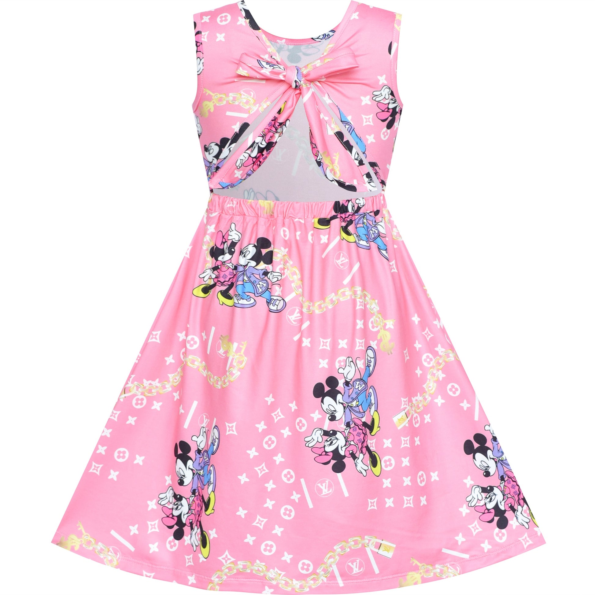 Girls Dress Tie Back Pink Cartoon Casual Dress Party Pink