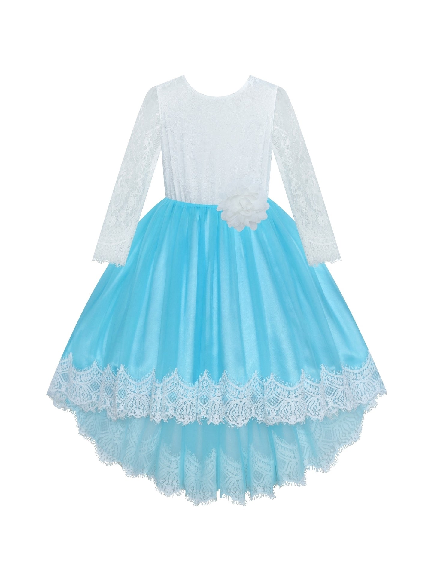 Girls Lace Dress Flower Hi-low Long Sleeve Party Wedding Blue