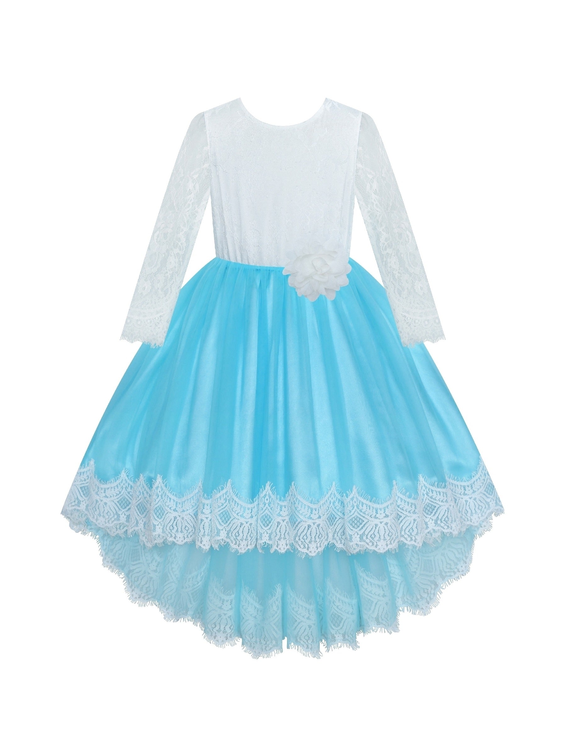 Girls Lace Dress Flower Hi-low Long Sleeve Party Wedding Blue