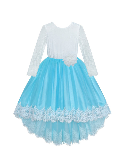 Girls Lace Dress Flower Hi-low Long Sleeve Party Wedding Blue