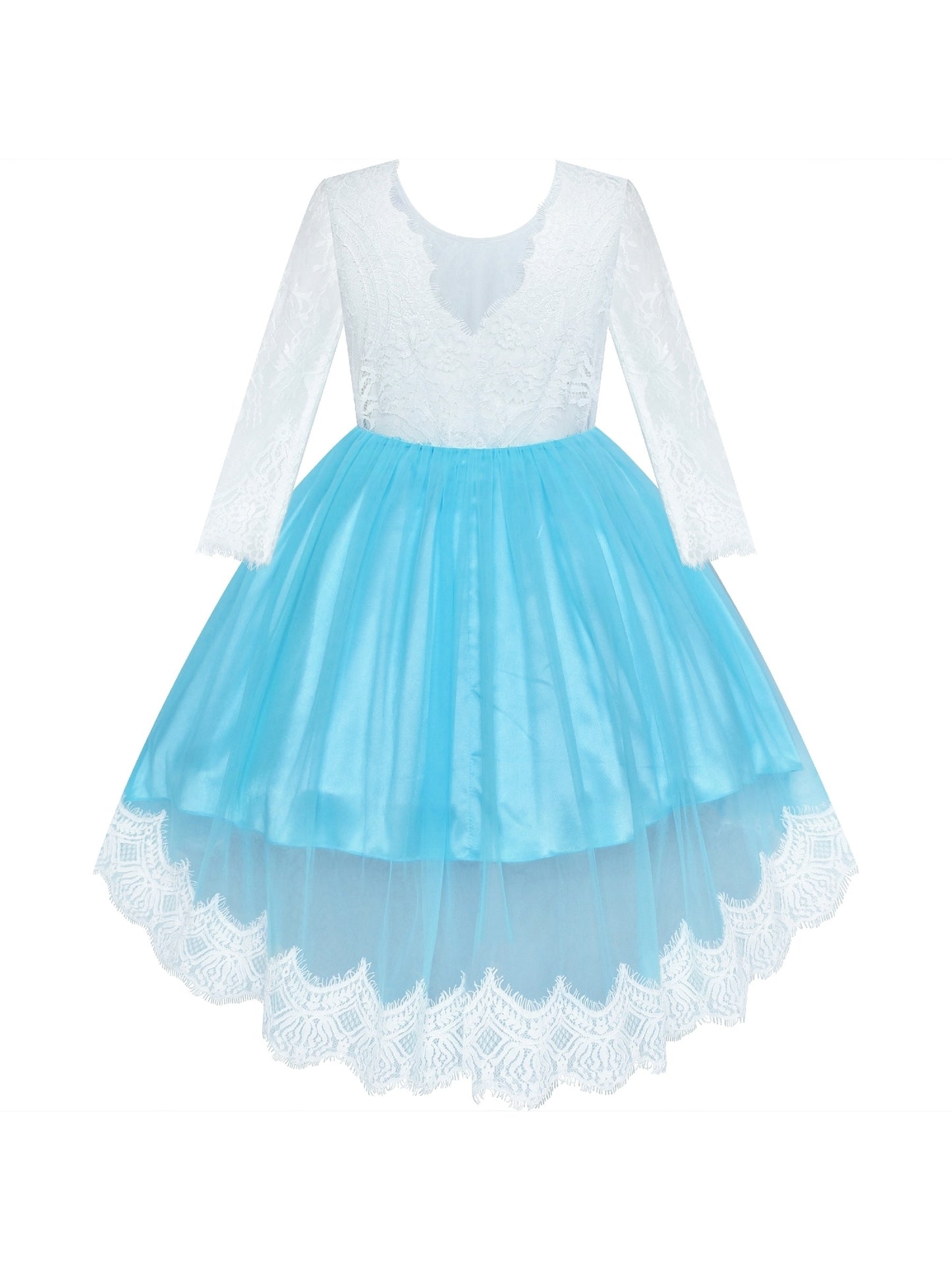 Girls Lace Dress Flower Hi-low Long Sleeve Party Wedding Blue