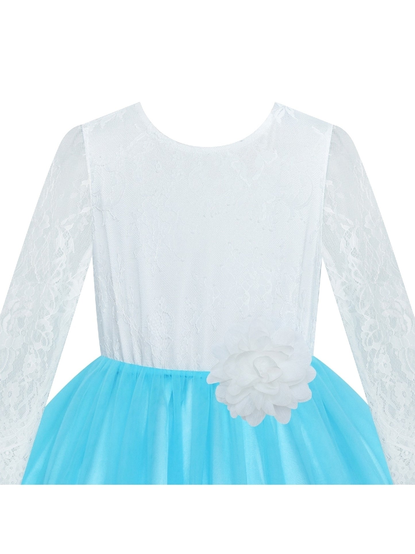 Girls Lace Dress Flower Hi-low Long Sleeve Party Wedding Blue
