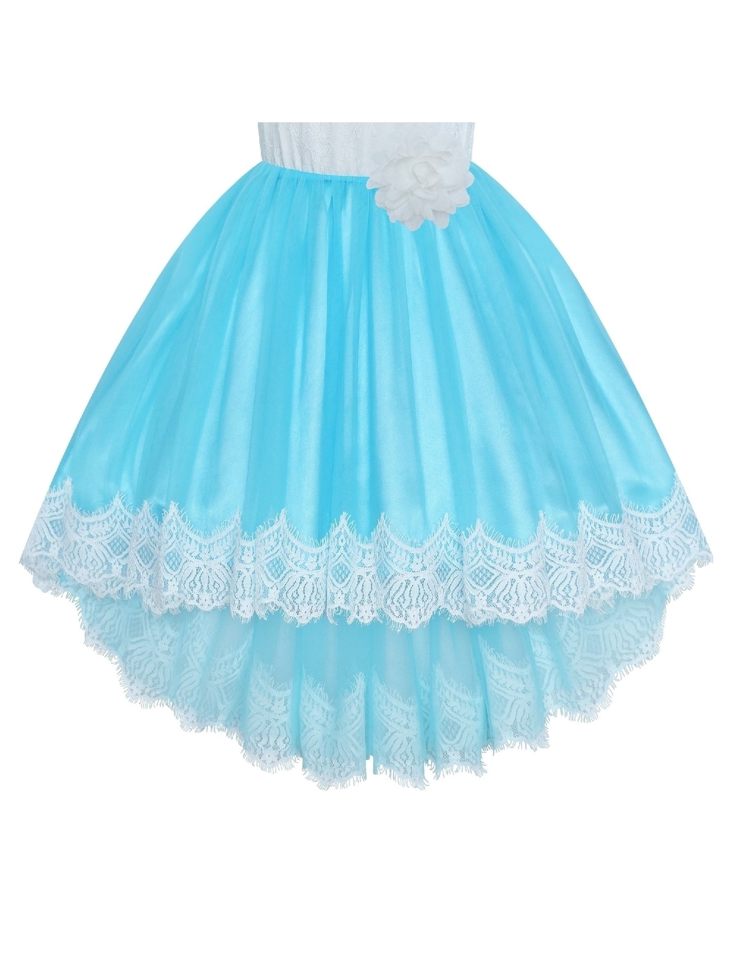 Girls Lace Dress Flower Hi-low Long Sleeve Party Wedding Blue