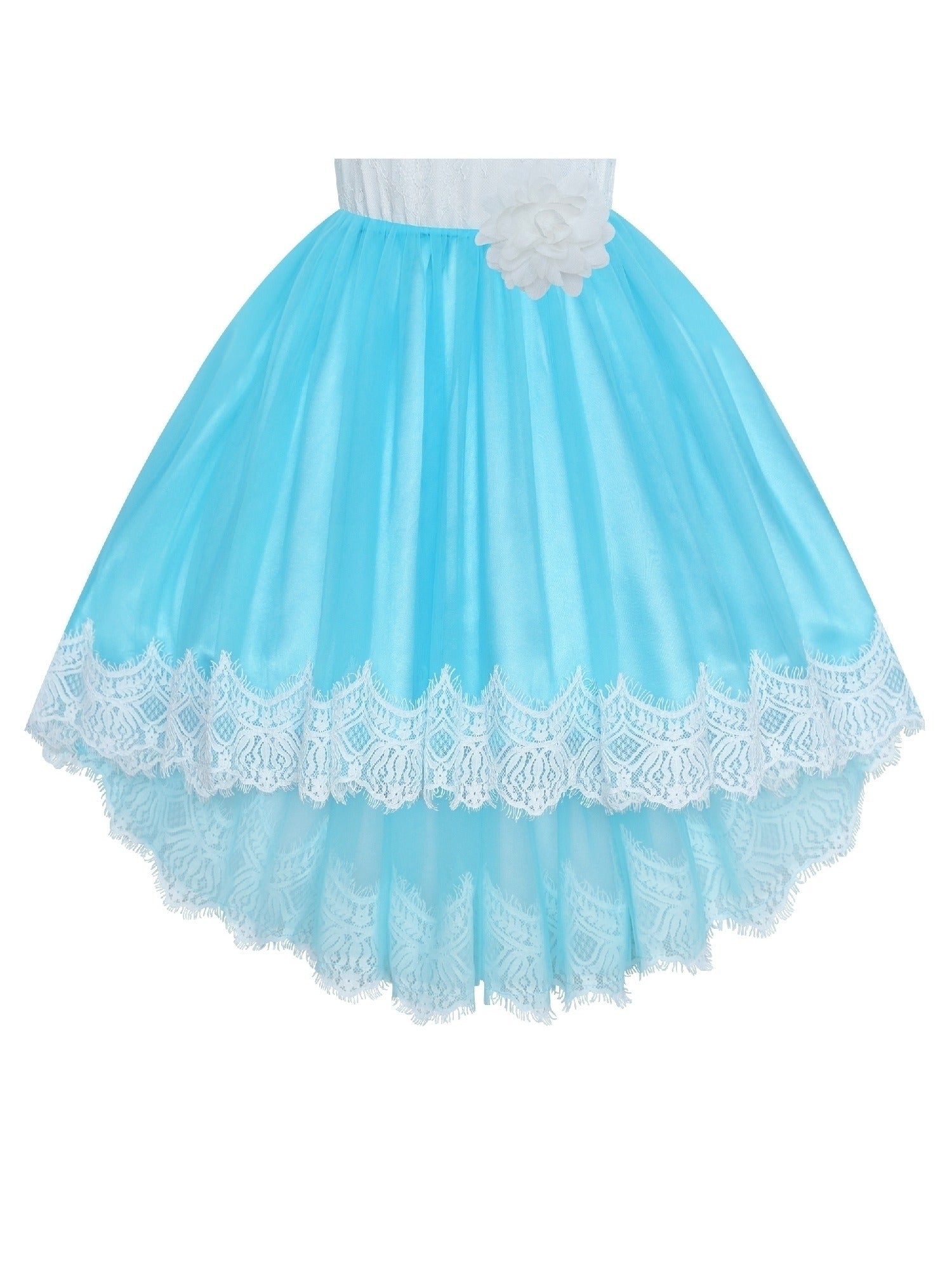 Girls Lace Dress Flower Hi-low Long Sleeve Party Wedding Blue