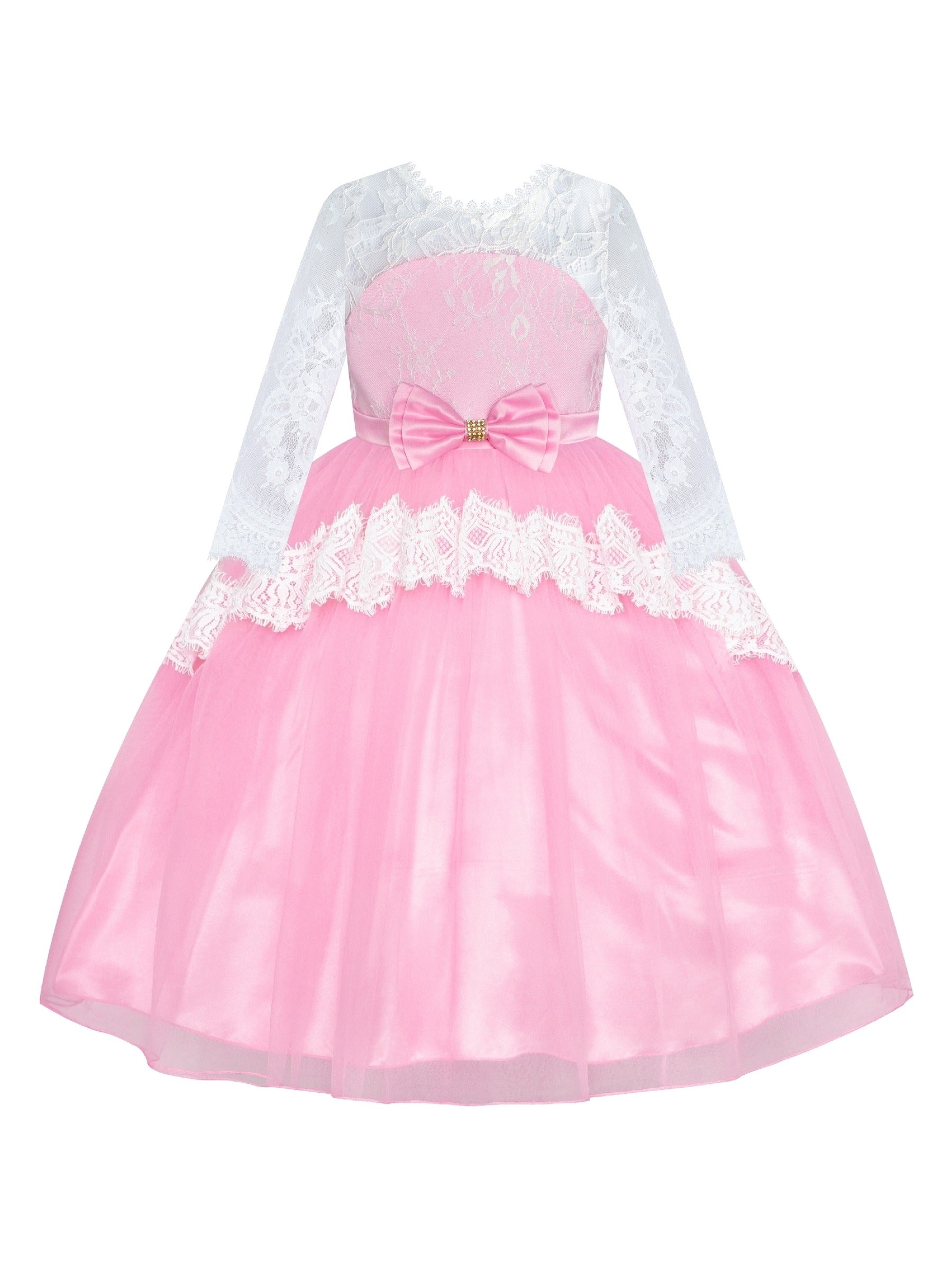 Girls Lace Dress Purple Flower Girl Long Sleeve Wedding Bridesmaid Pink