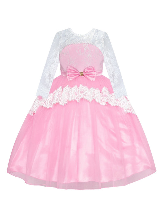 Girls Lace Dress Purple Flower Girl Long Sleeve Wedding Bridesmaid Pink