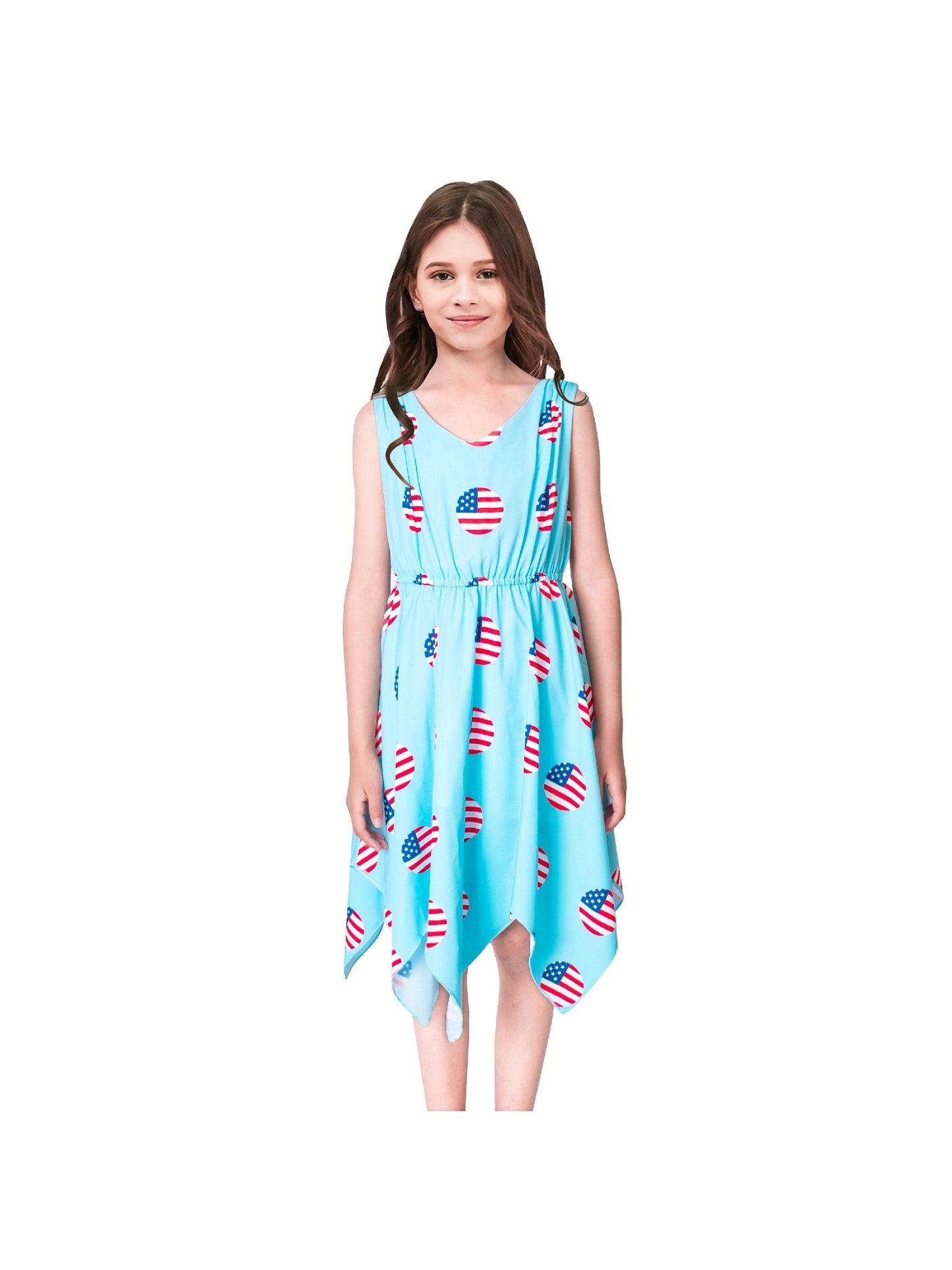 Girls Dress Sunflower Butterfly Hanky Hem Party Beach Necklace Sundress Blue