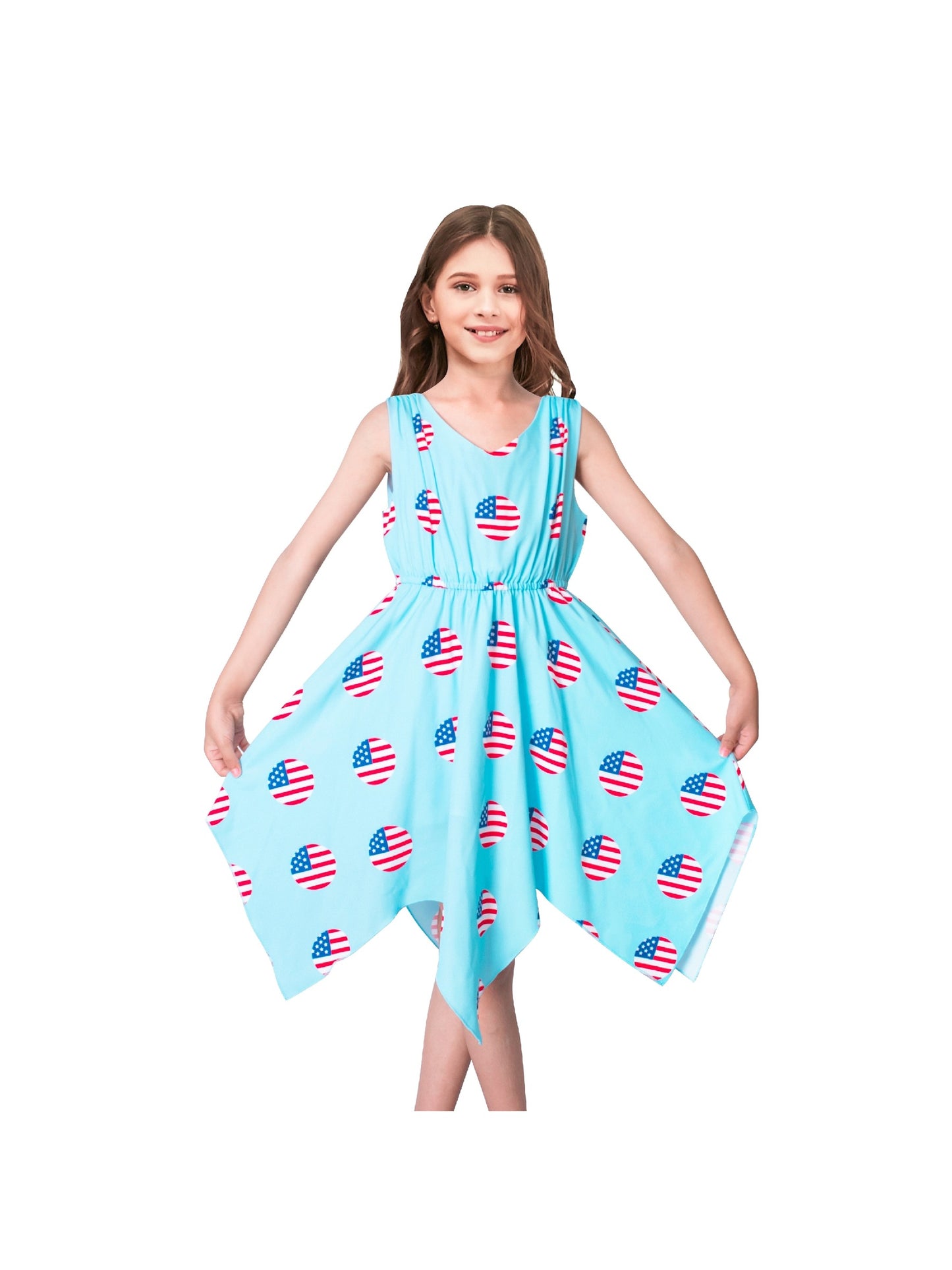 Girls Dress Sunflower Butterfly Hanky Hem Party Beach Necklace Sundress Blue