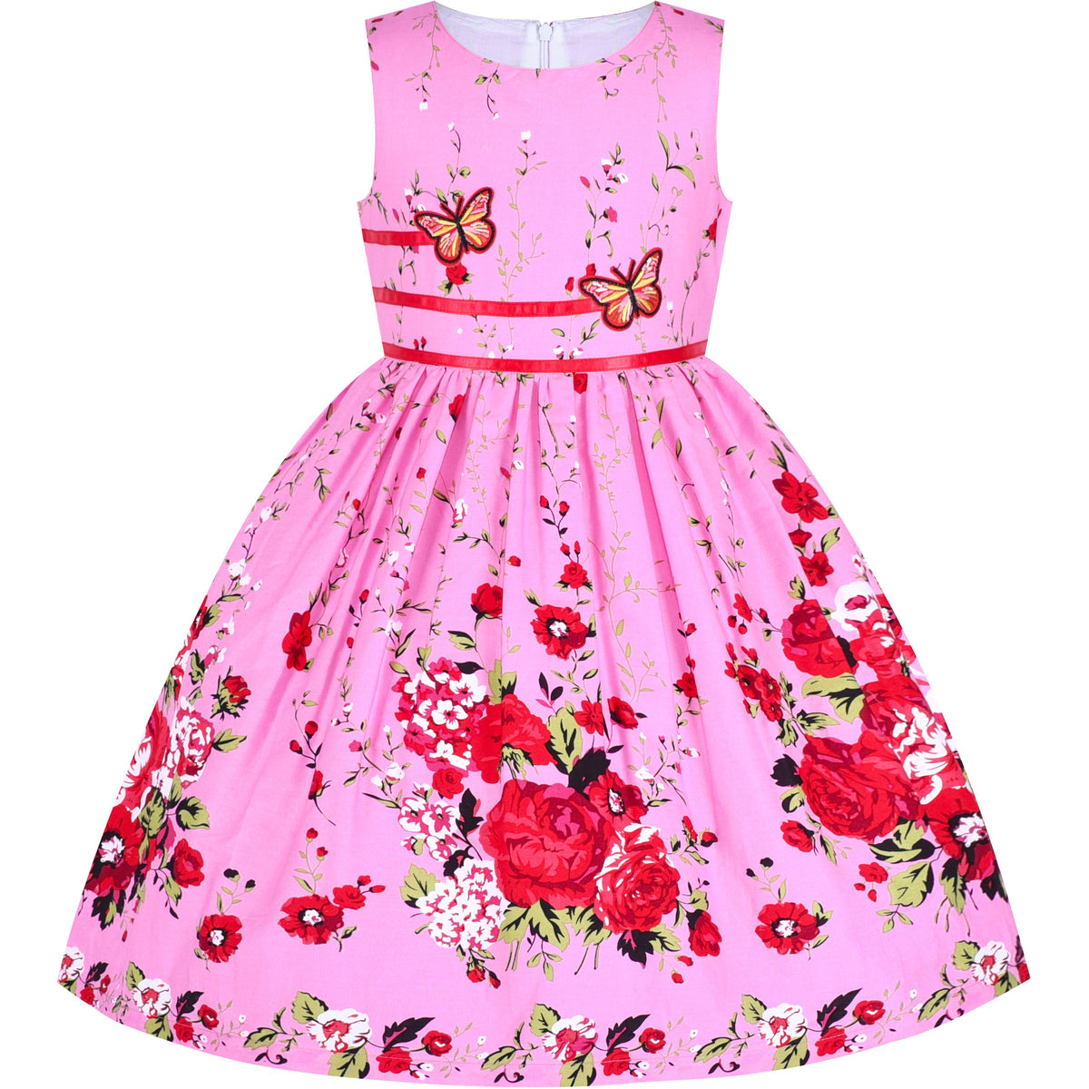 Girls Dress Brown Butterfly Double Bow Tie Party Kids Sundress - Pink Flower Butterfly