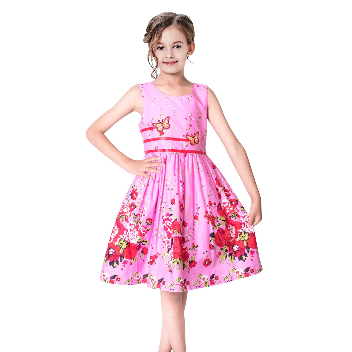 Girls Dress Brown Butterfly Double Bow Tie Party Kids Sundress - Pink Flower Butterfly