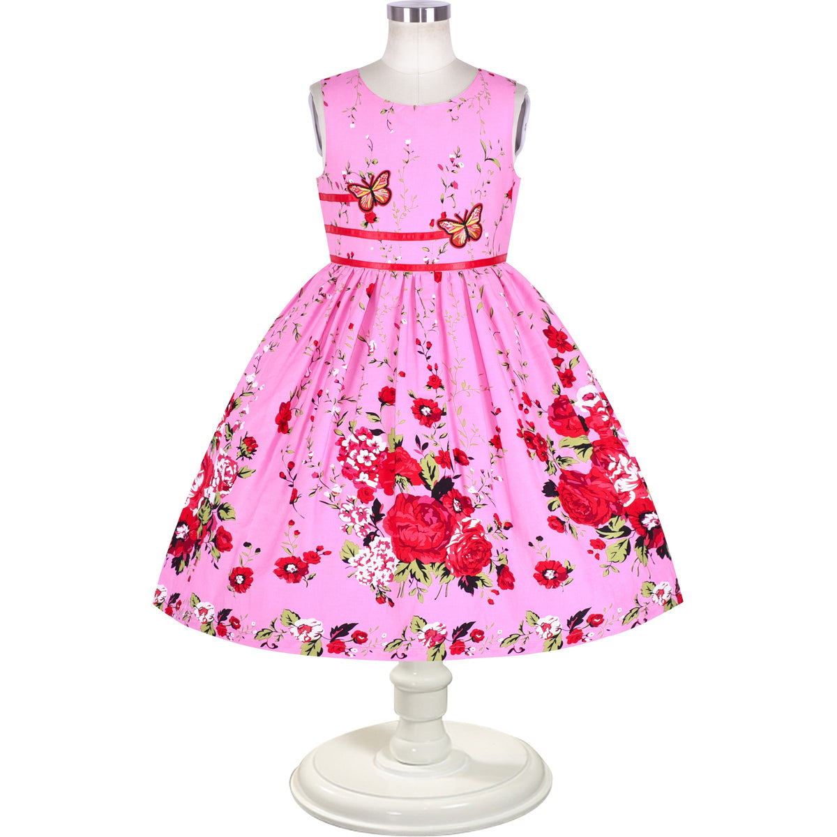 Girls Dress Brown Butterfly Double Bow Tie Party Kids Sundress - Pink Flower Butterfly