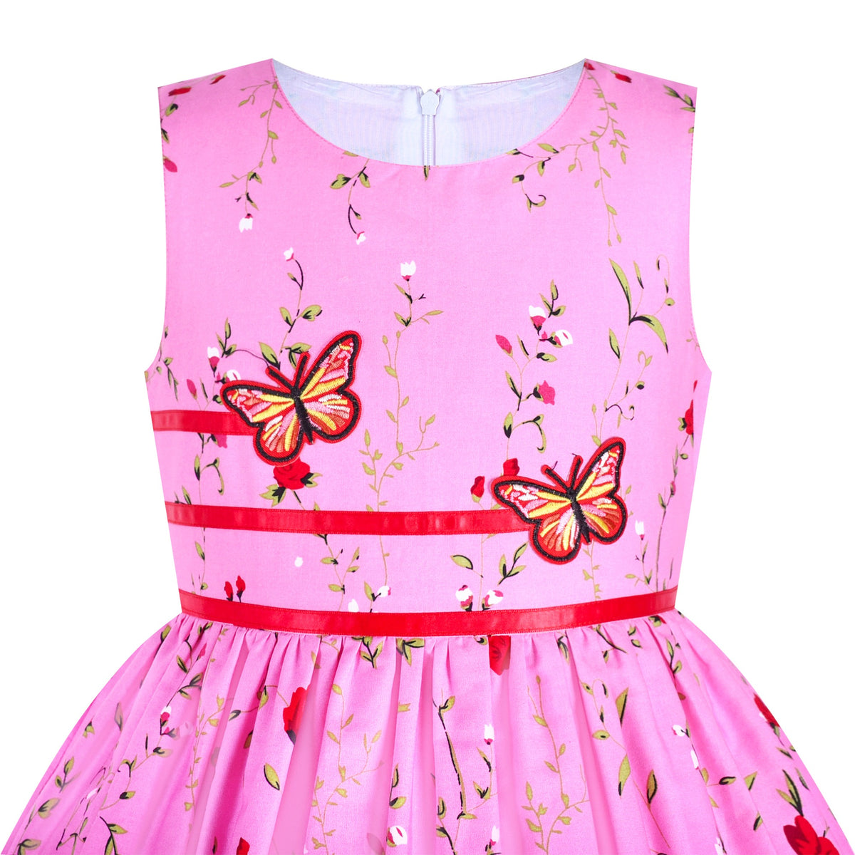 Girls Dress Brown Butterfly Double Bow Tie Party Kids Sundress - Pink Flower Butterfly