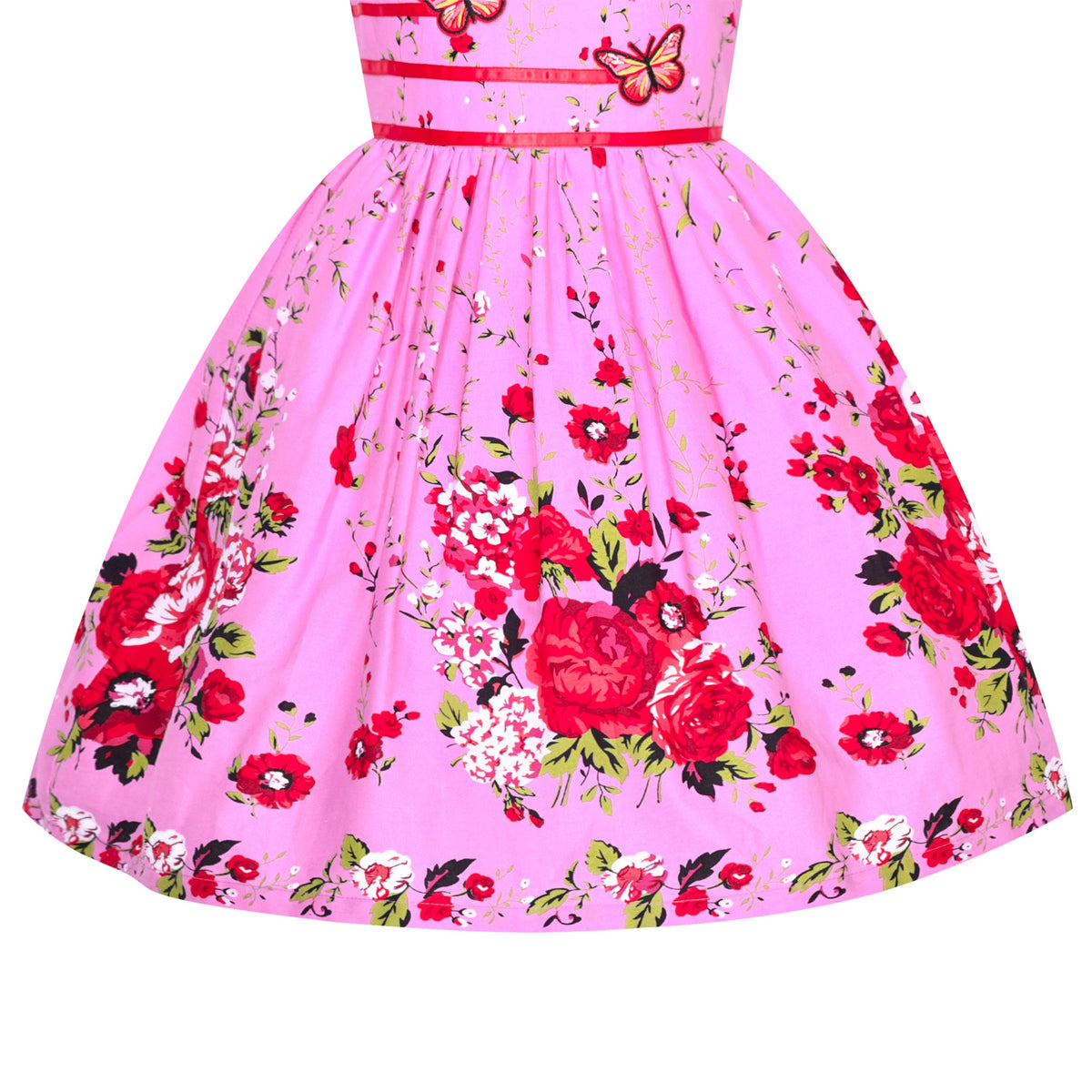 Girls Dress Brown Butterfly Double Bow Tie Party Kids Sundress - Pink Flower Butterfly
