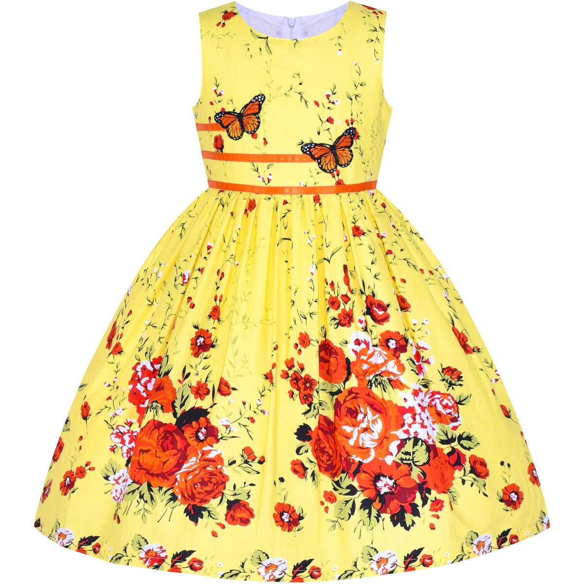 Girls Dress Brown Butterfly Double Bow Tie Party Kids Sundress - Yellow Flower Butterfly