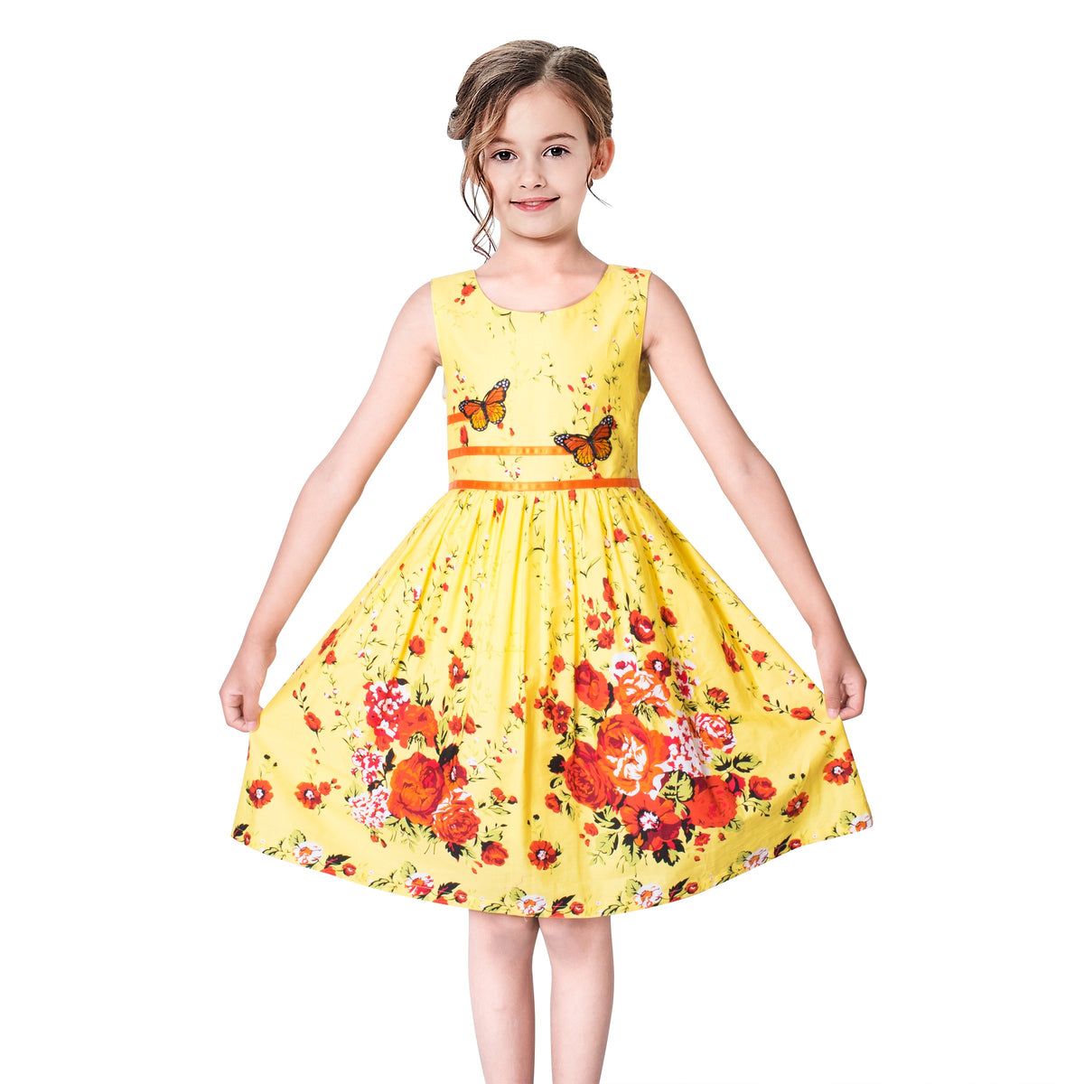 Girls Dress Brown Butterfly Double Bow Tie Party Kids Sundress - Yellow Flower Butterfly